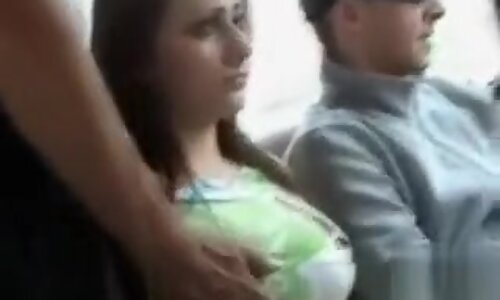Busty brunette girl gets by stranger while riding the bus