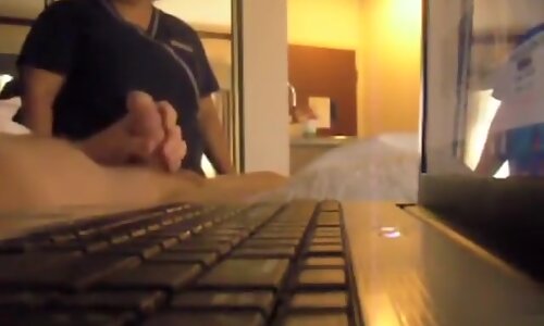 Hotel maid comes in and watches him jerk off