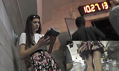 Upskirt in public with slender brunette hottie
